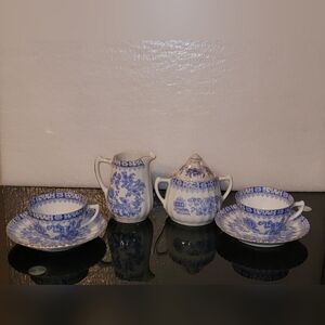 Rear ECHT TUPPACK CHINA BLAU TIEFENFURT 7 PIECE Blue and White Porcelain Tea Set